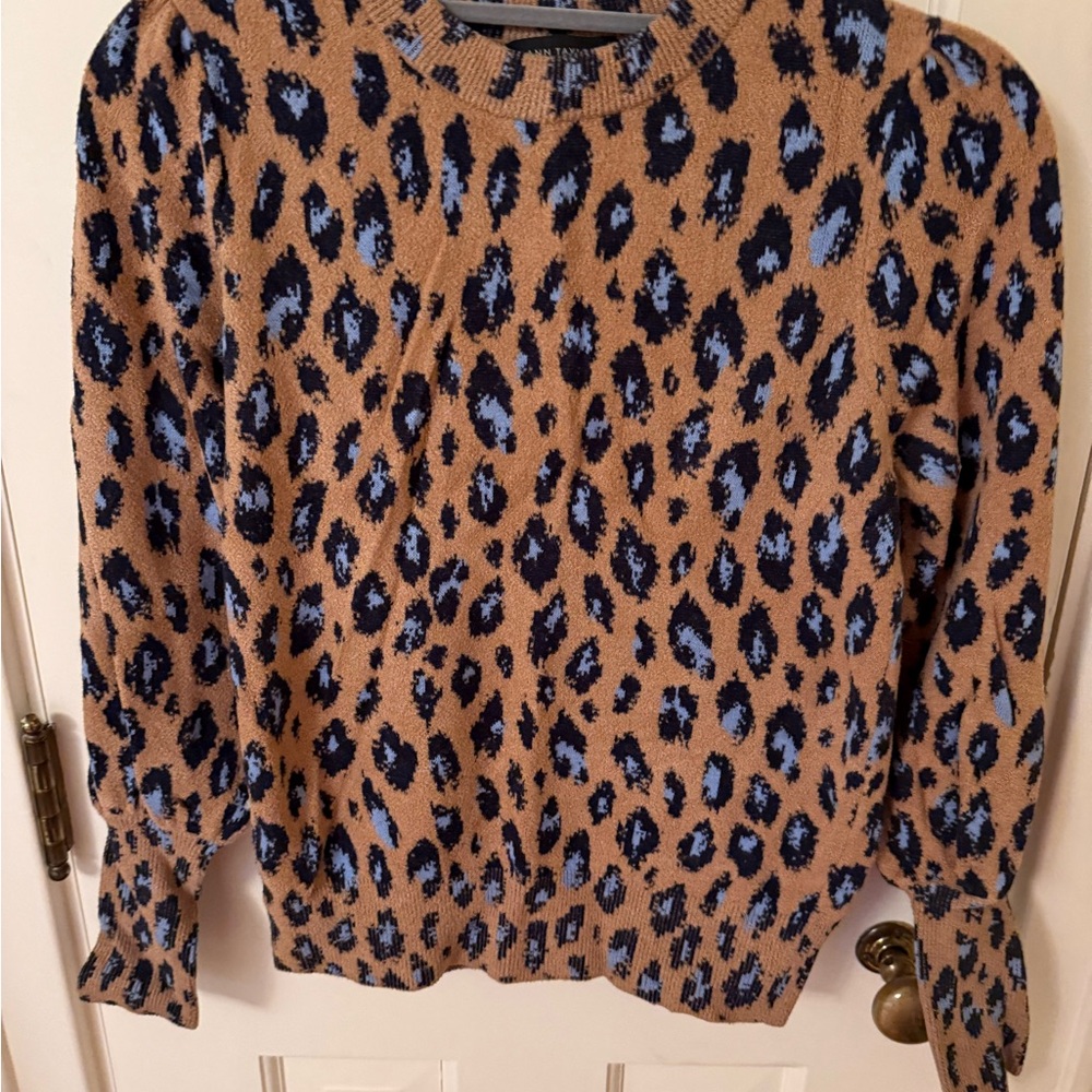 Ann Taylor Animal-Print Sweater in Camel, Navy & Blue